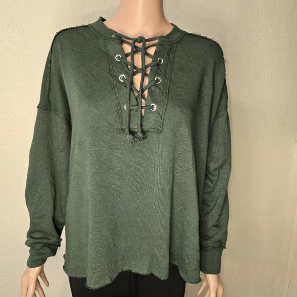 Aerie Green Lace Up V-Neck Boxy Oversized Hoodie Sweatshirt Small Medium Lounge - Picture 1 of 6